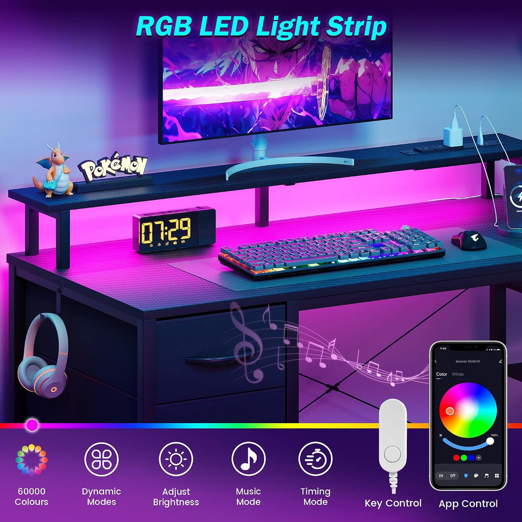 59 Inch Gaming Desk with Drawers & PC Tower Stand & LED Lights, Black | Reversible, Monitor Shelf, Power Outlets