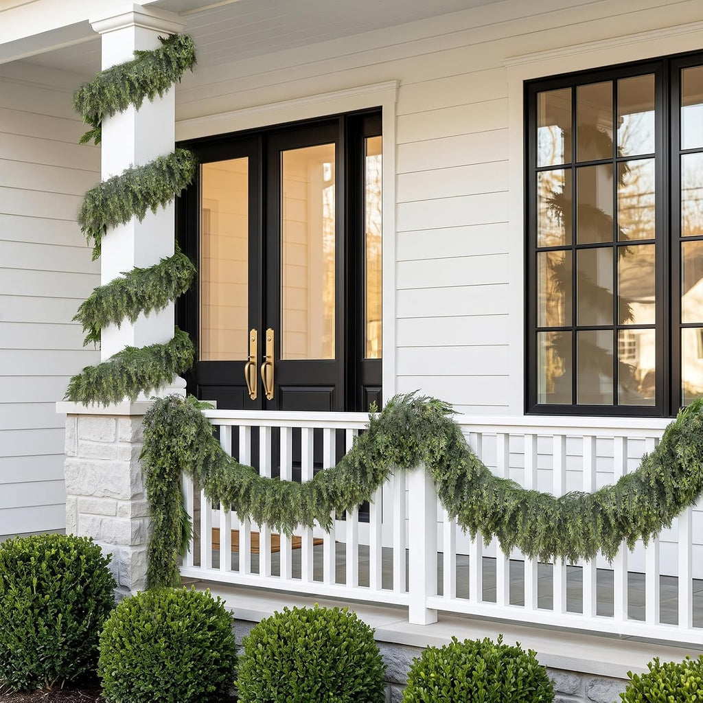 9FT Artificial Cedar Garlands, Real Touch Soft Cedar Pine Garland, Winter Artificial Greenery Garland for Fireplace