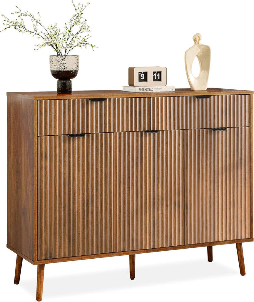 Fluted Sideboard Buffet Cabinet with Storage,2 Drawers and 3 Doors,Wood Coffee Bar Cabinet with Solid Wood Feet