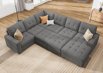 Sleeper Sofa Bed with Storage Chaise, Sectional Couch with Pull Out Bed, U Shaped Sectional Sleeper Sofa Couch, Grey