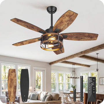 42 Inch Farmhouse Ceiling Fan with Lights and Remote, Timer, Dual Finish 5 Blades (Rustic Brown and Black), 6 Speeds
