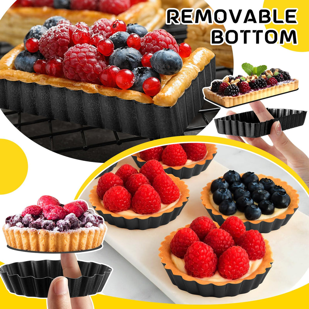 16 Pcs Mini Tart Pans for Baking, Black Round and Rectangle
