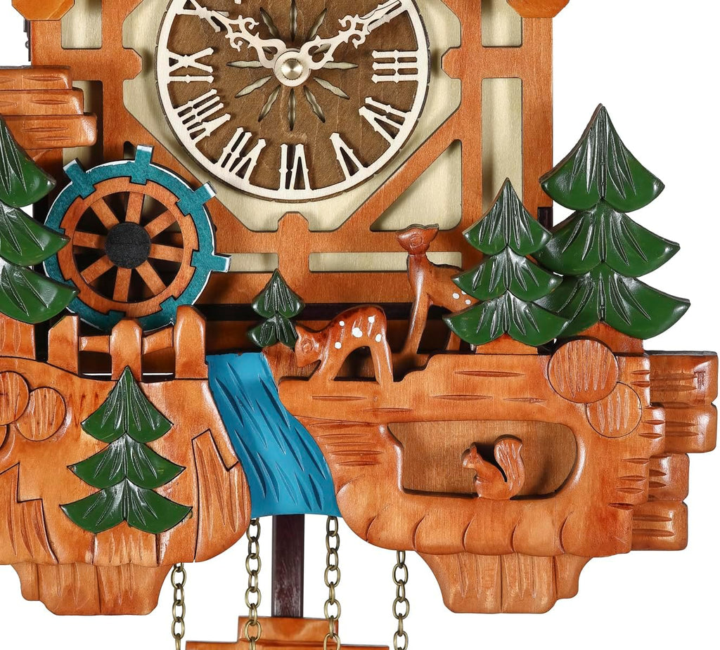 Kintrot Cuckoo Clock, Handcrafted Traditional Black Forest Chalet Style Wooden Wall Clock with Singing Bird, Rotating Waterwheel, and 12...