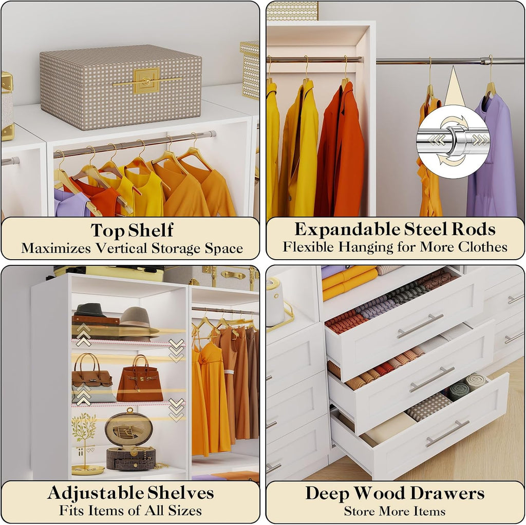 Closet System with 4 Sets, 8-21FT Closet Organizer System with 9 Drawers & 6 Shelves & 8Hanging Rods, Custom L-Shaped