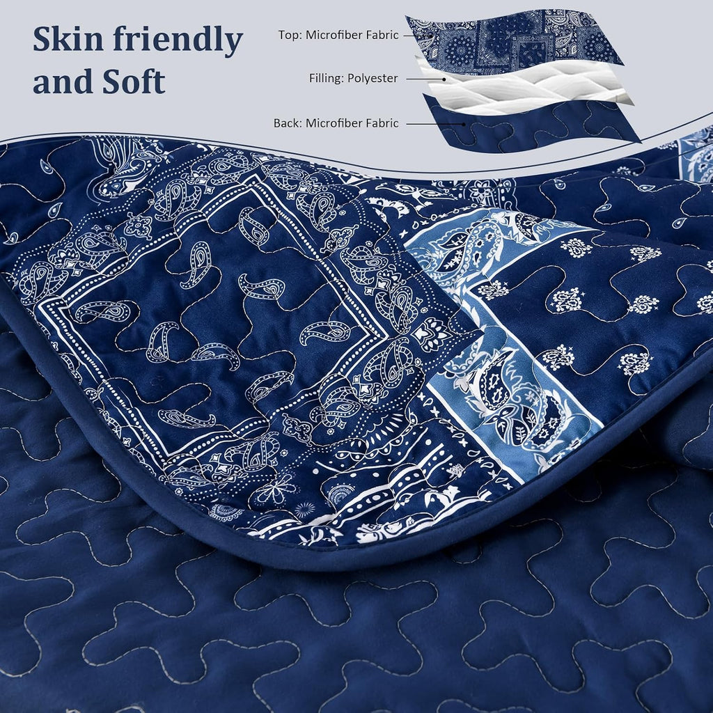 Blue Patchwork Quilt Set,Boho Navy Blue Quilt Set,Paisley Farmhouse Bedspread Soft Microfiber Bedding Set