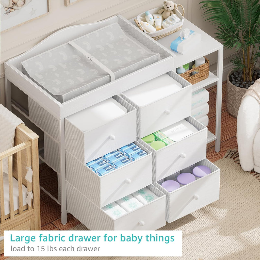 Baby Dresser with Changing Table Top, White Changing Table Dresser with 6 Fabric Drawers Diaper Changing Station with