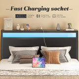 Queen Bed Frame with Headboard & Footboard, Bed Frame with Built-in Charging Station & LED Light, Storage Shelf