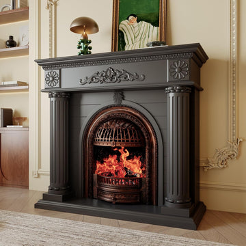 Solid Wood Electric Fireplace TV Stand, 52" Electric Fireplace with Mantel, Roman Column Entertainment Center with Bronze Arched Birdcage Insert, Electric Fireplace Heater for Living Room, Black