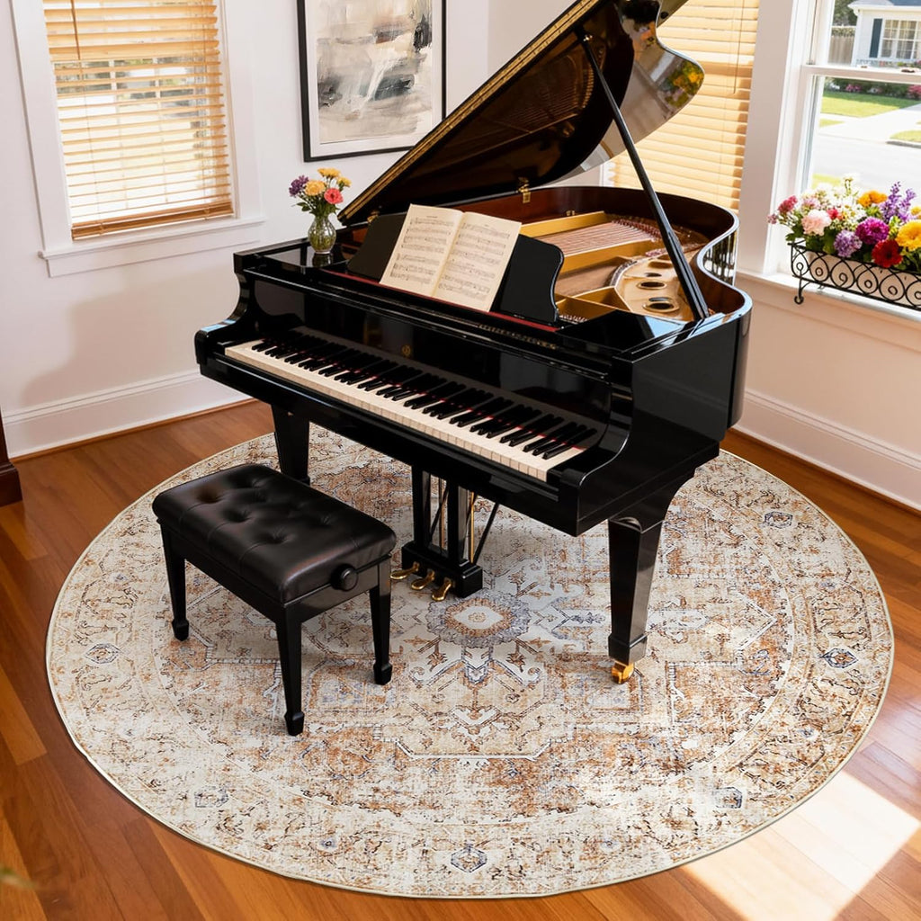 Kelda Round Rug 8ft Washable Area Rug Indoor Vintage Bedroom Floor Cover Distressed Circle Mat 8' Ro