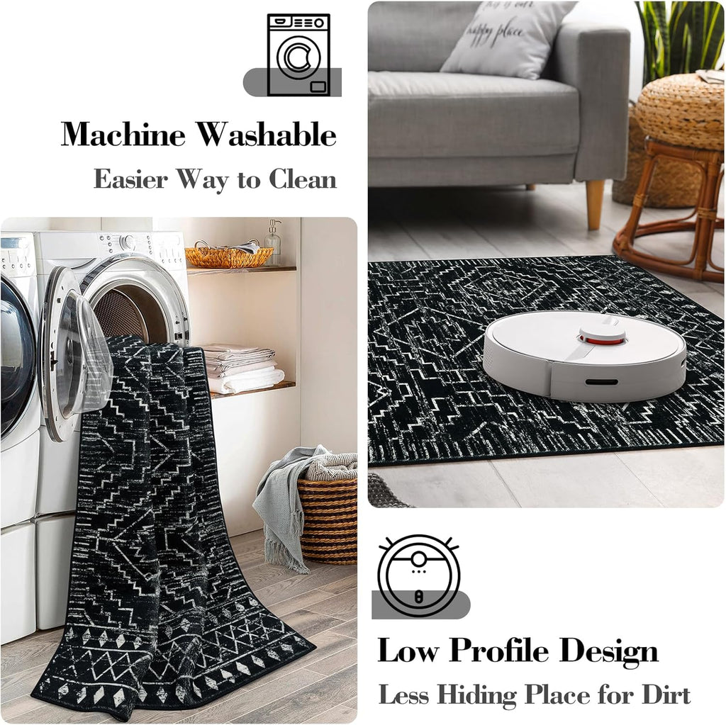 Moroccan Washable Rug 4x6, Black Boho Living Room Area Rug, Non-Slip Farmhouse Bedroom Carpet Dorm Room Throw Rug