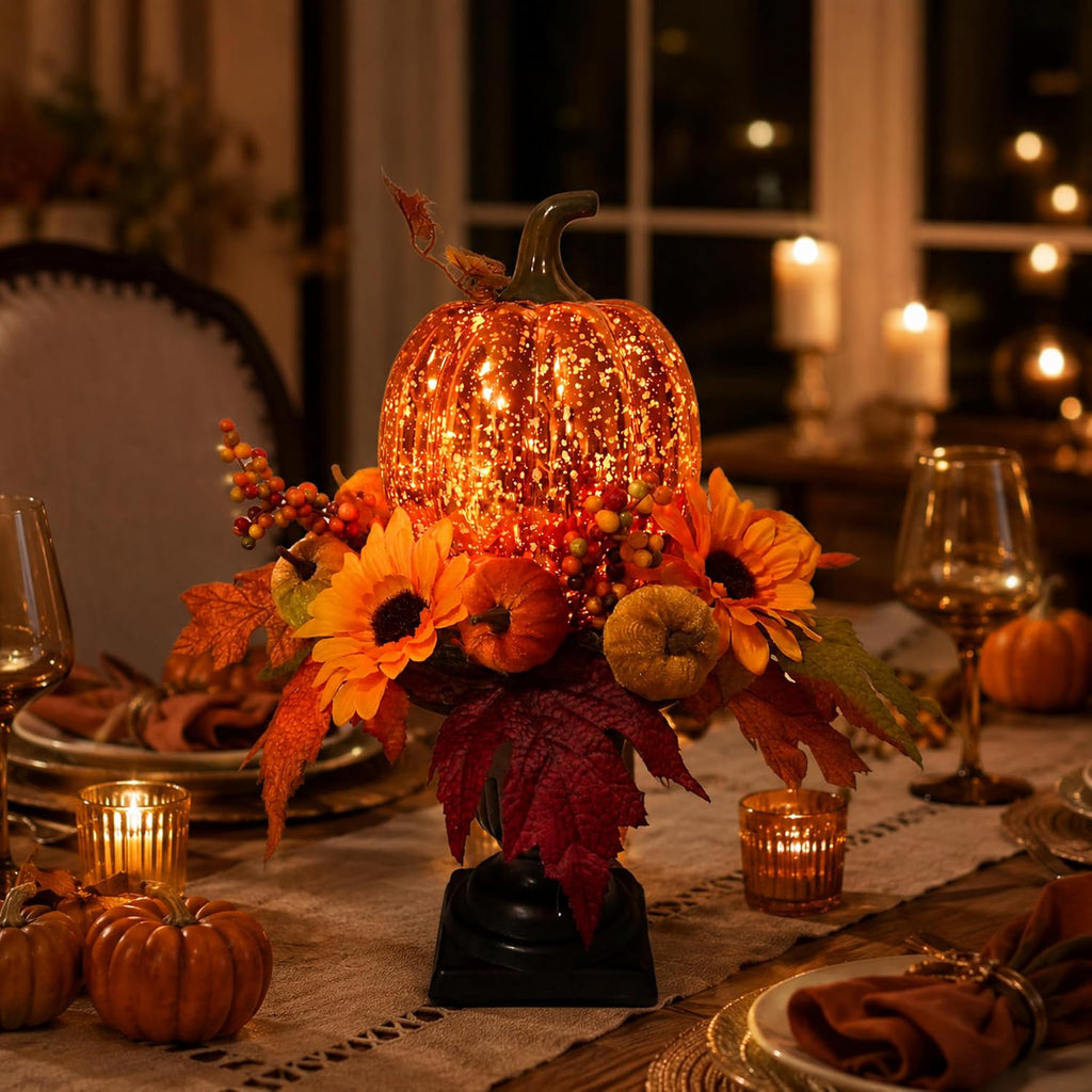 15 Inch Lighted Fall Pumpkin Arrangement with Pumpkin, Daisies