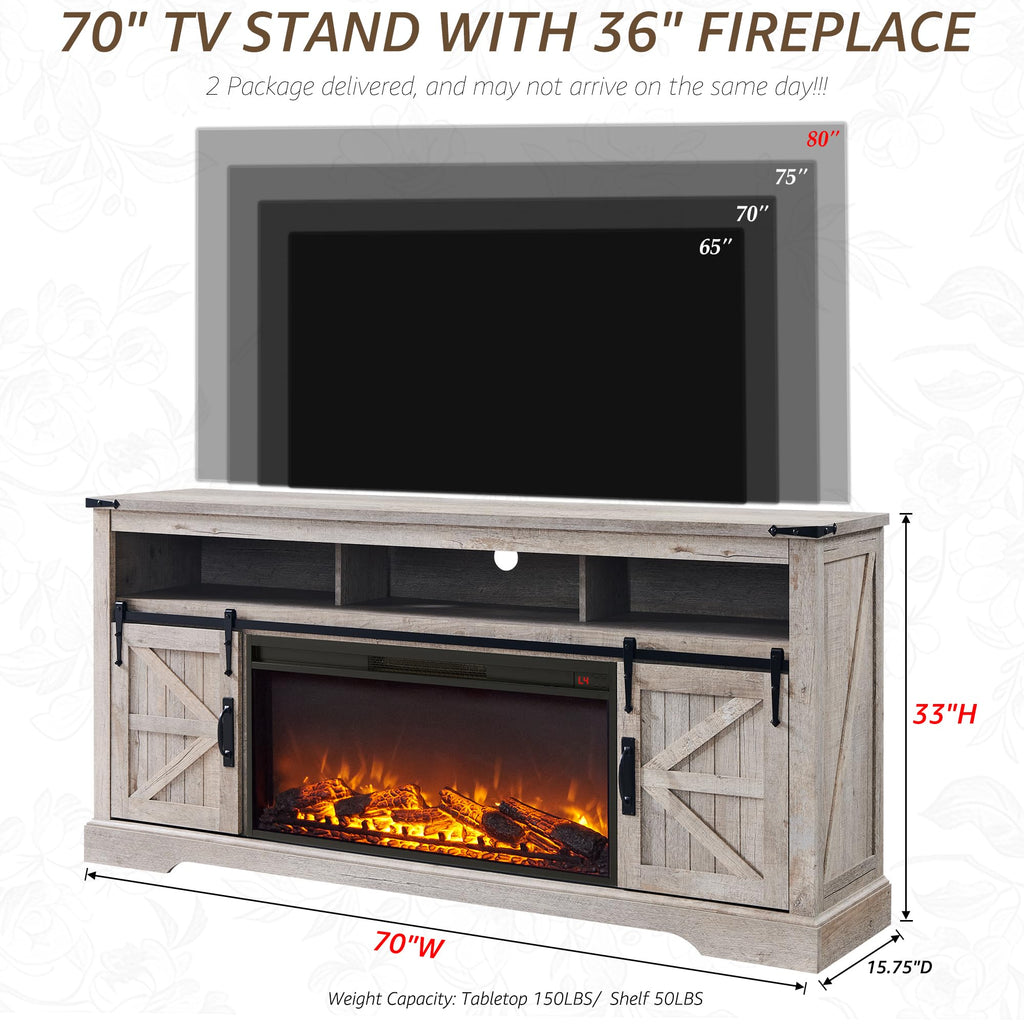 70" Farmhouse TV Stand with 36" Electirc Fireplace, Light Rustic Oak