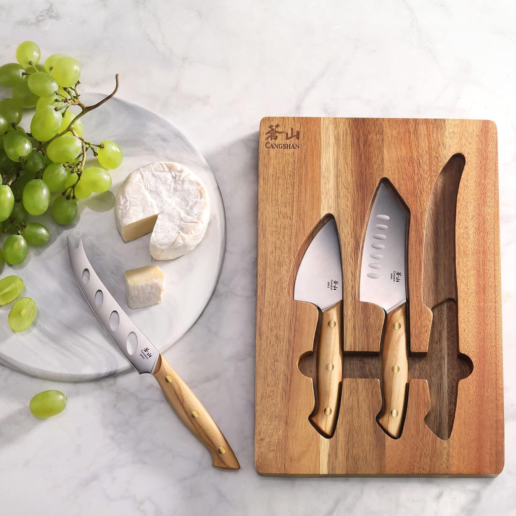 3-Piece Olive Wood Cheese Knife Set with Acacia Cheese Board