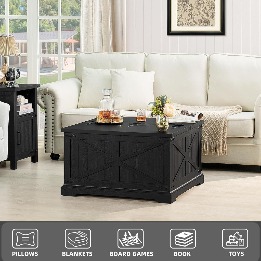 Farmhouse Coffee Table with Large Hidden Storage Compartment, Rustic Black Square Center Table