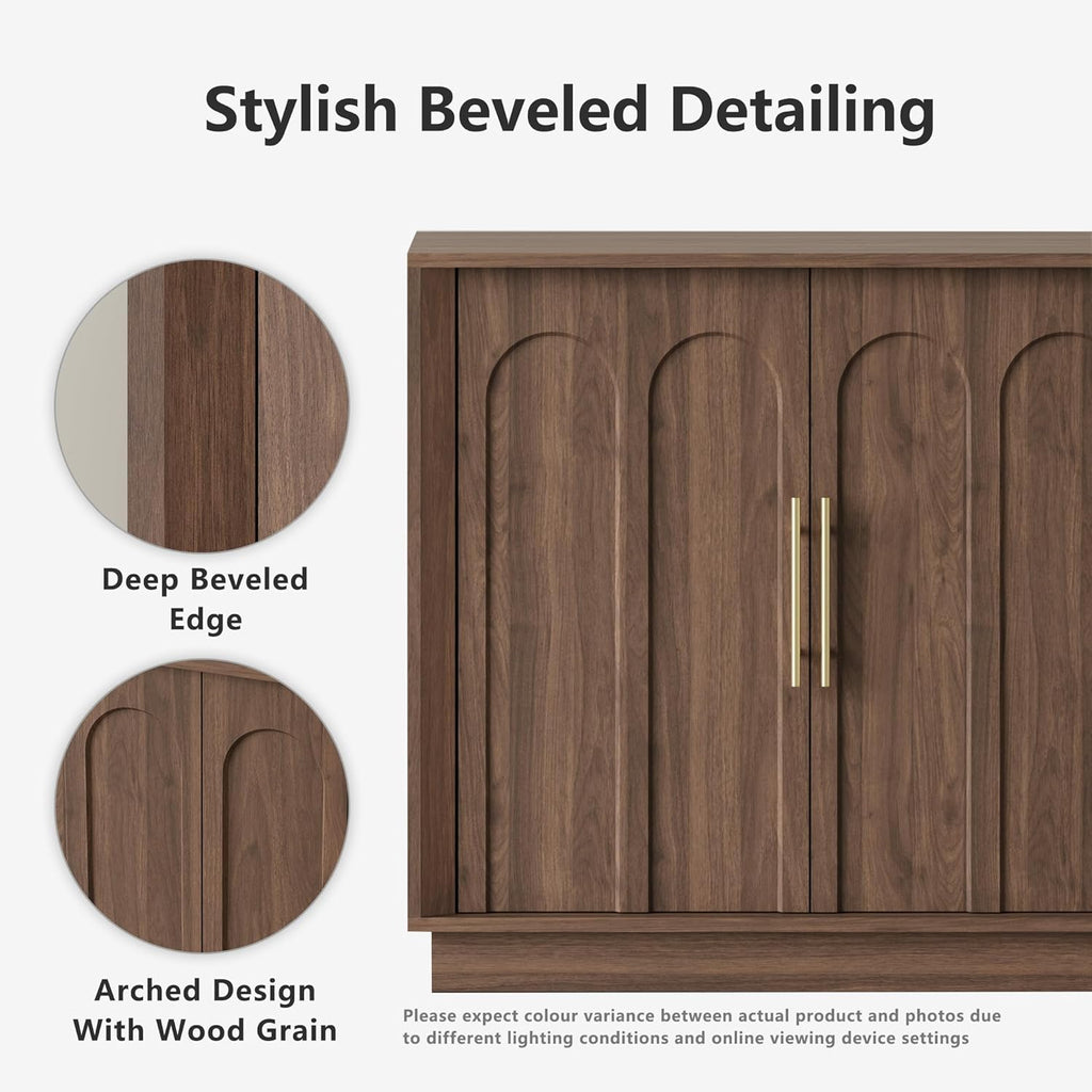 67" Sideboard Buffet Cabinet with Storage, Arched Doors, Walnut | Mid Century Modern Accent Cabinet with Wood Gain