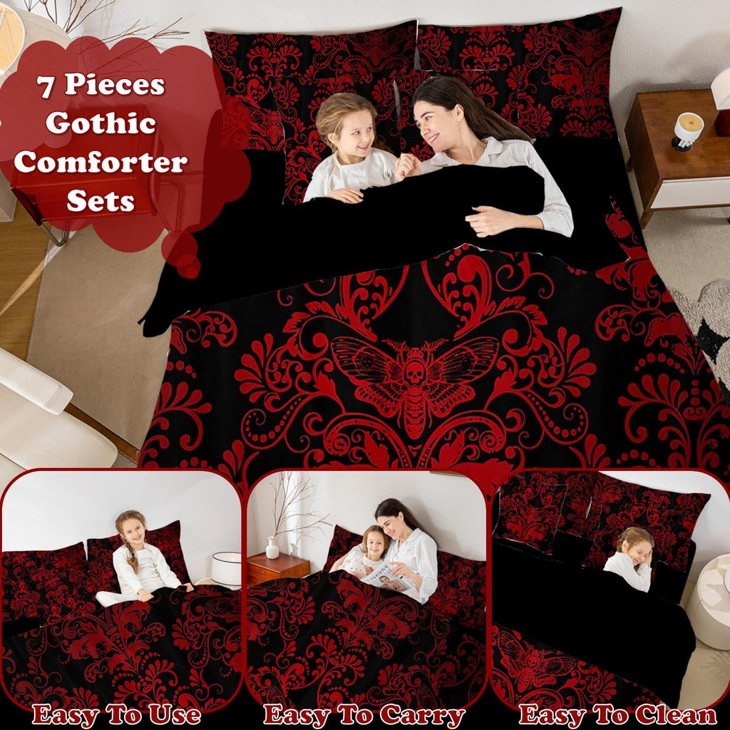 Gothic Damask Bed in a Bag Queen Comforter Set 7 Piece, Exotic Moth Bedding Sets Red Black Victorian Floral Goth Sheet