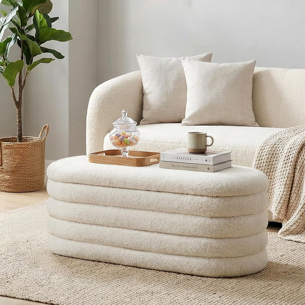 Storage Ottoman Bench, 45'' Upholstered Boucle Ottoman with Storage, Aesthetic Bedroom Bench Entryway, Beige