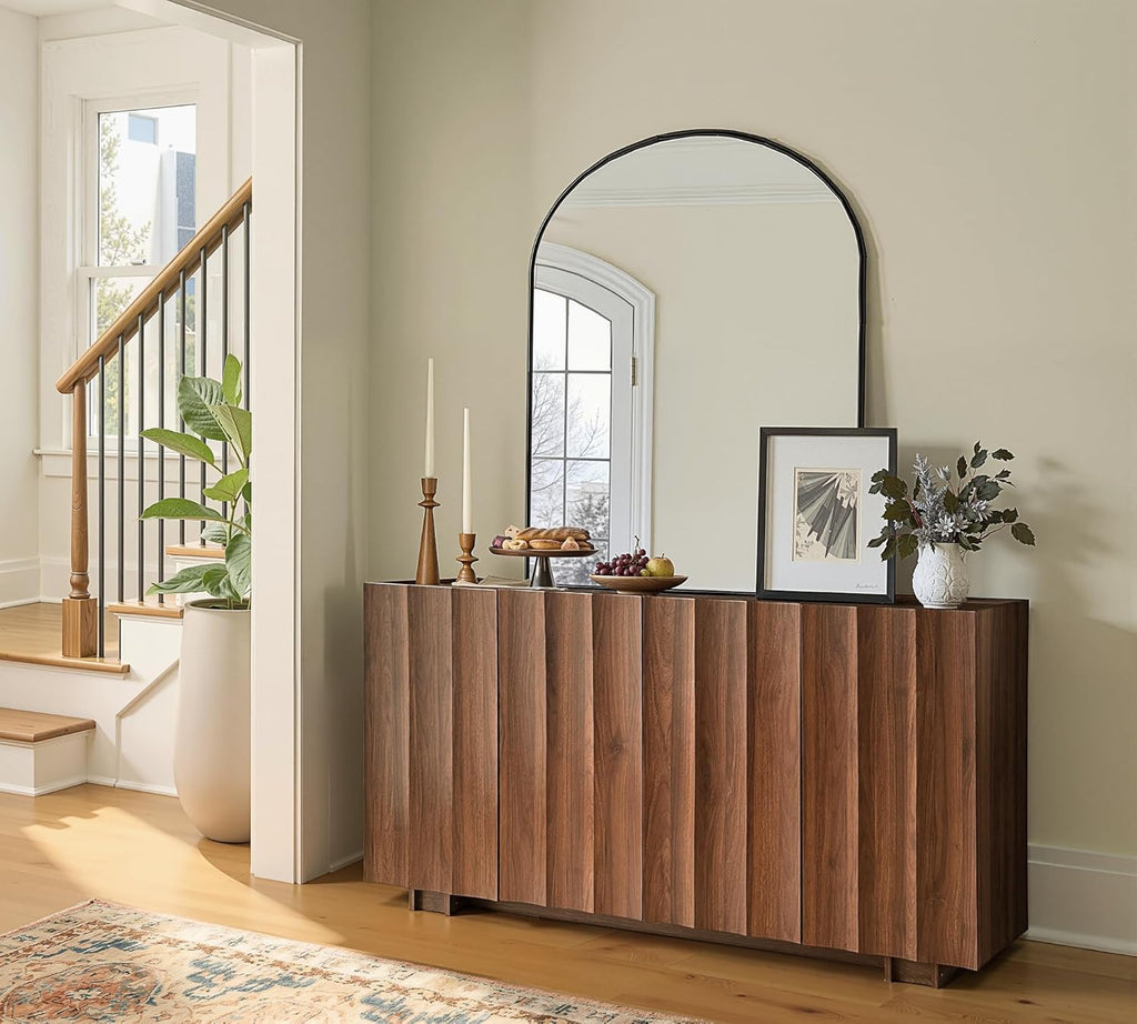 Buffet Cabinet with Storage, Mid Century Modern Sideboard with Wave Design, Wood Grain Finish