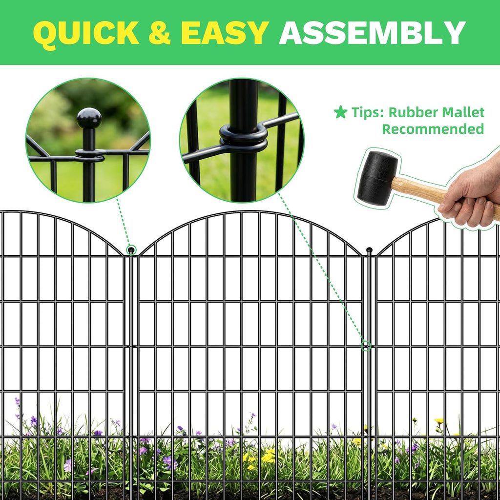 10 Panels Arched No Dig Decorative Garden Fence with Gate, 40in(H) x 25.0ft(L) Dog Fence Outdoor for Yard, Rustproof
