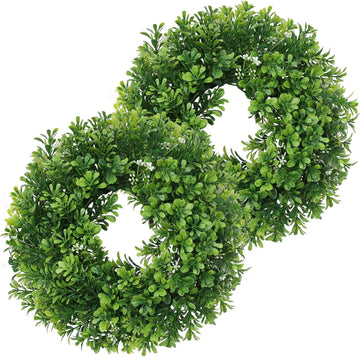 Small Boxwood Wreath for Front Door,10" Boxwood Candle Wreath,Greenery Wreaths for Cabinet Wall Window Door - Set of 2