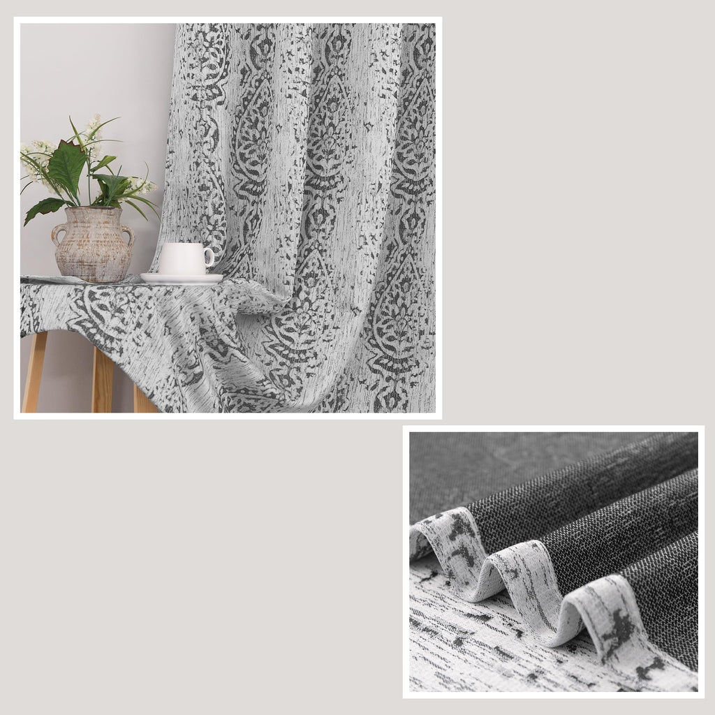 Grey and White Geometric Moroccan Patterned Curtains 84 Inches Long 50% Blackout Room Darkening Damask Modern Stylish