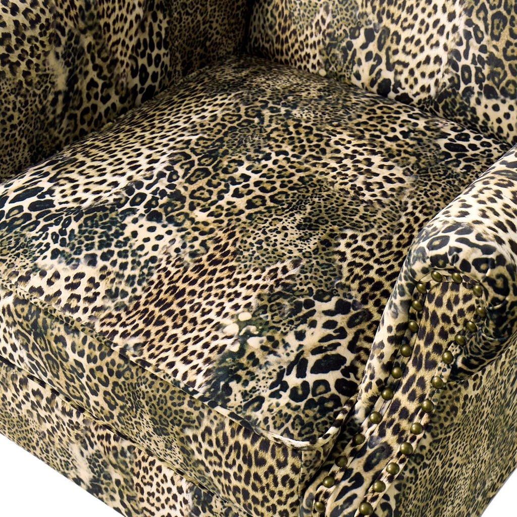 Wingback Accent Chair with Leopard Print Fabric, Retro Armchair with Nailhead Trim and Solid Wood Legs, Comfortable