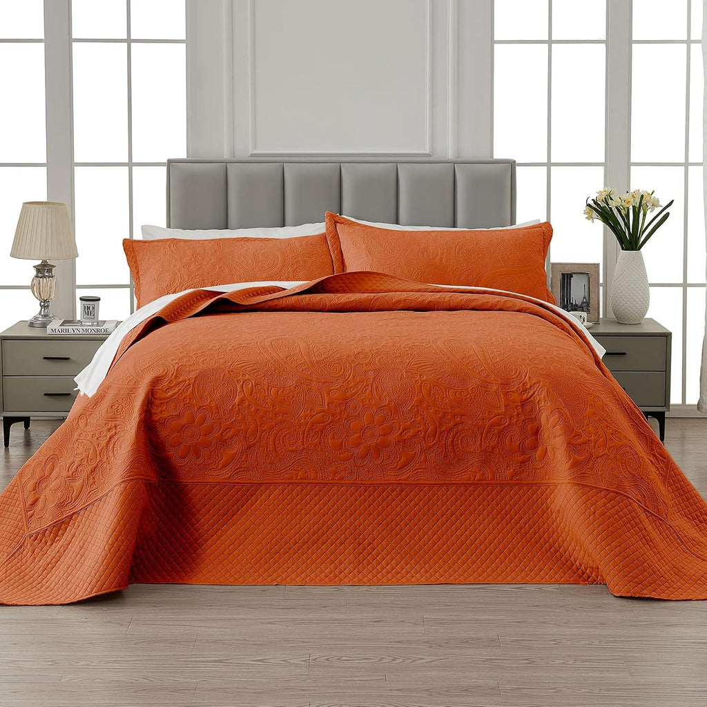 King Bedspread 132x 120, Burnt Orange Oversized King Bedspread, 3 Piece Soft Microfiber Lightweight Oversized