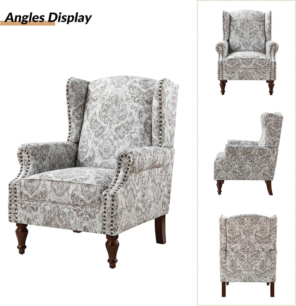 Wingback Accent Chair with Floral Pattern Design, Traditional Fabric Armchair with Nailhead Trim and Retro Wooden