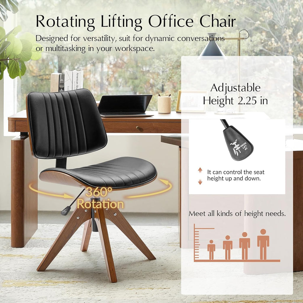 Faux Leather Home with Solid Wood Legs, 360° Swivel Desk Chair No Wheels with Bentwood Design, Mid-Century Modern