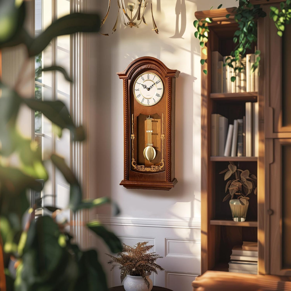 Grandfather Vintage Wall Clock with Pendulum and Chime, Hour/Quarter-Hour Chime, Elmwood Frame, Large Vintage Wall Clock for Living...