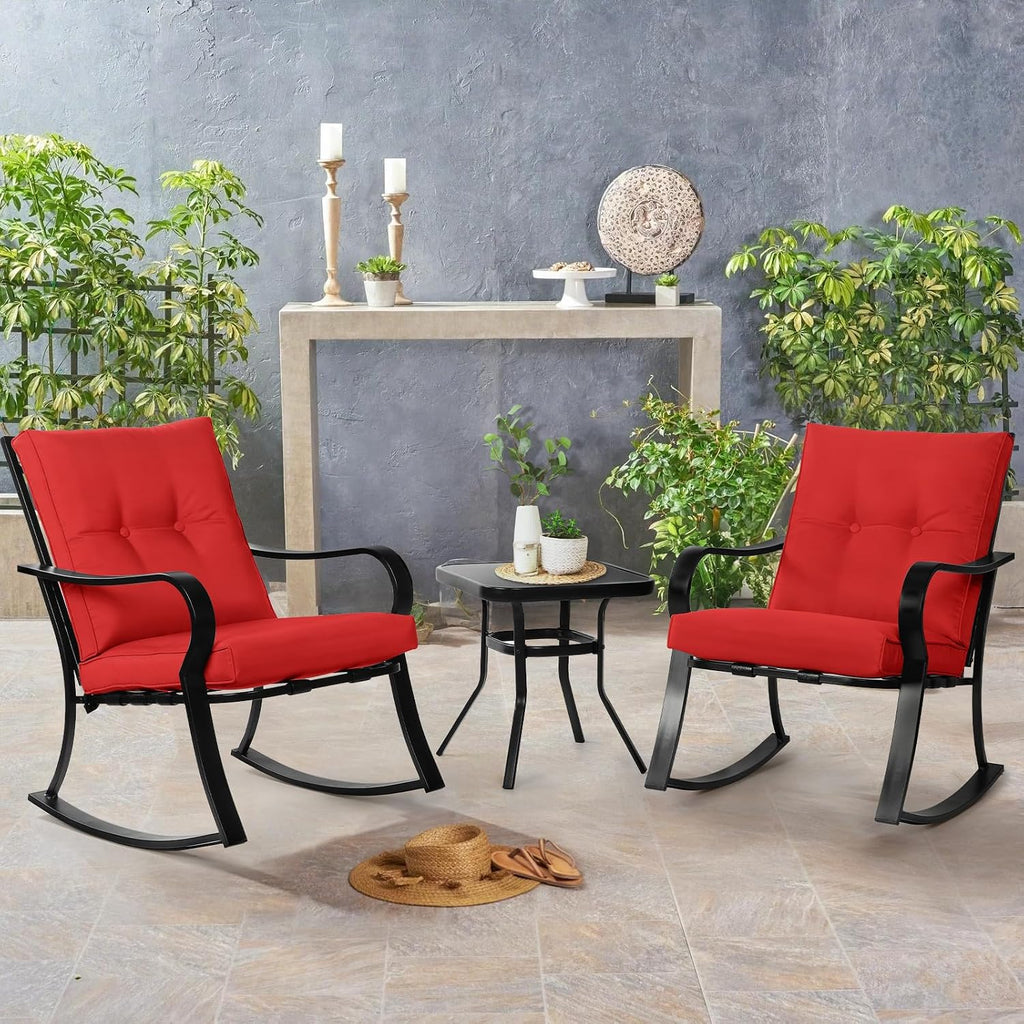 3-Piece Outdoor Rocking Chairs Bistro Set, Black Iron Patio Furniture with Red Thickened Cushion & Glass-Top Coffee