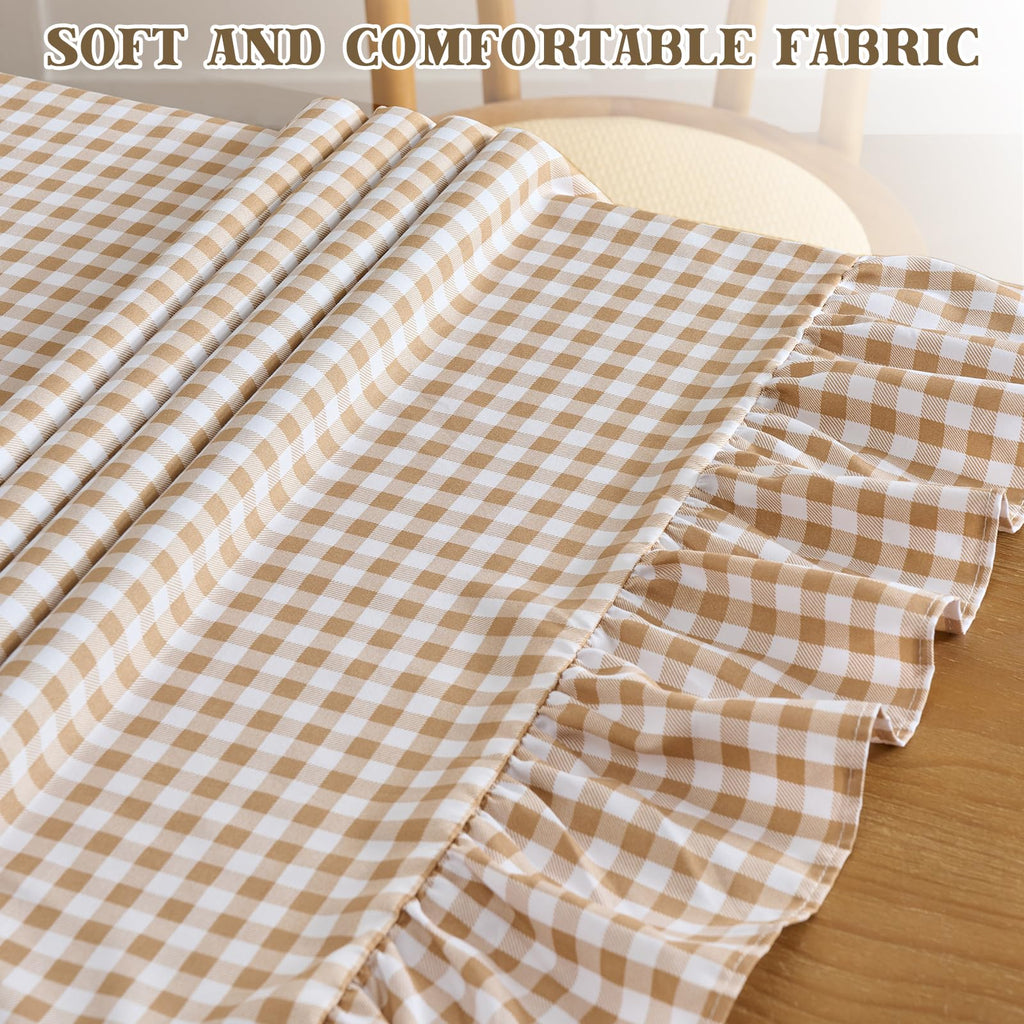 Taupe Gingham Ruffle Tablecloth 70x52 Inch, Plaid Tablecloth