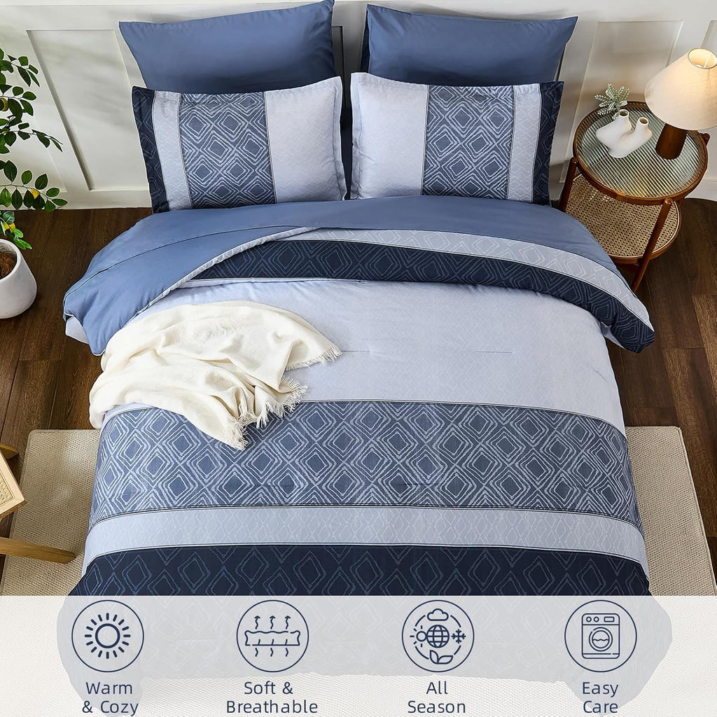 Blue Comforter Set,Striped Boho Bed in a Bag 7 Pieces Soft Fall Bedding Comforters Microfiber Mineral