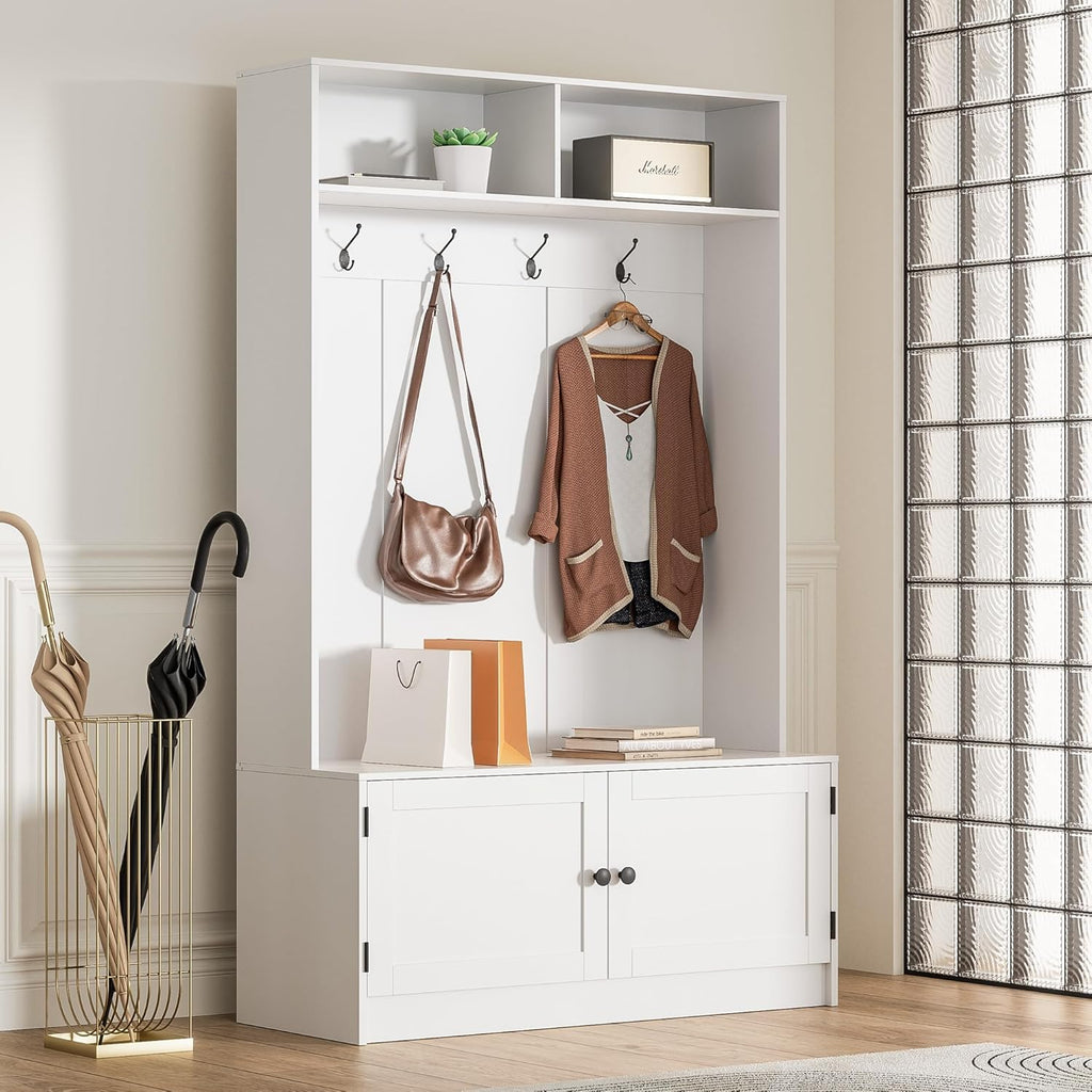 White Hall Tree with Storage, 70.9" Tall Entryway Bench with Shoe Storage, Coat Rack and Top Shelf, Freestanding