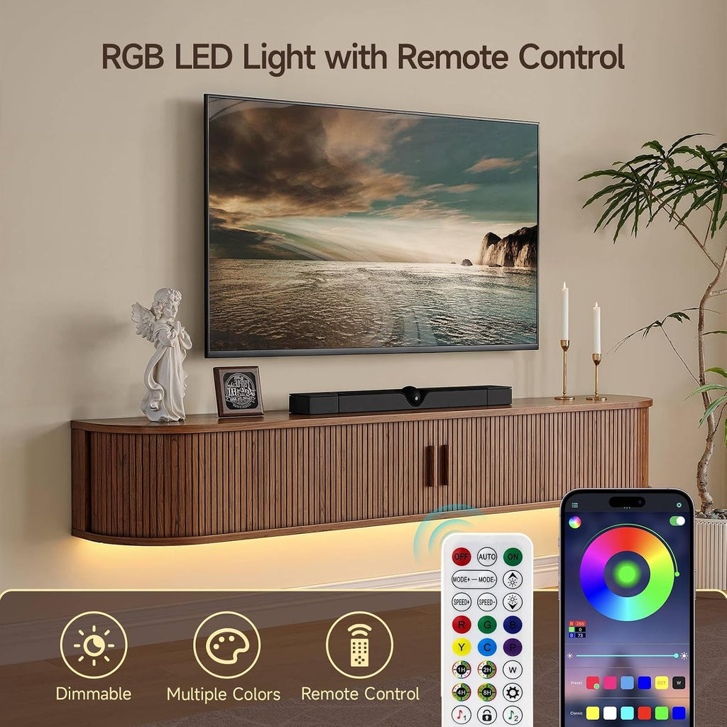 71" Floating TV Stand with Power Outlet for TVs up to 80", Fluted Entertainment Center with Remote Control for LED