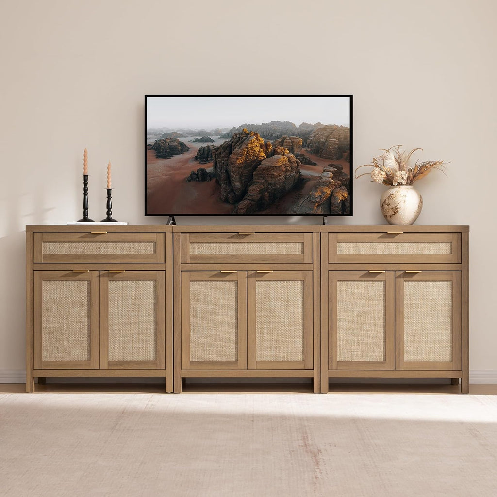 Sideboard Buffet Cabinet Set of 3, Rattan Credenza Storage Cabinet, Boho Buffet Table Console Cabinets with Drawer