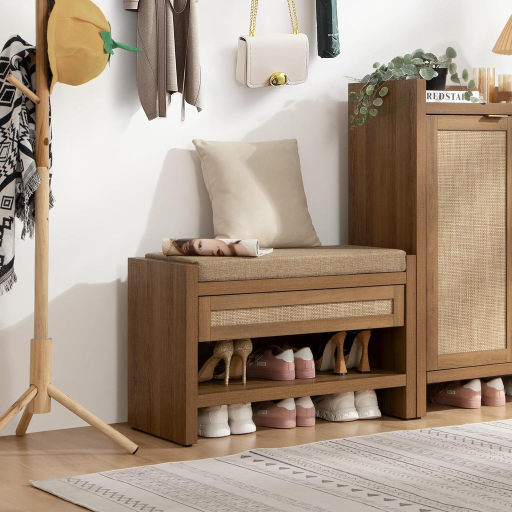 Rattan Shoe Bench Entryway Bench with Storage Drawer and Linen Seat Cushion, Farmhouse Boho Shoe Rack with Shelf