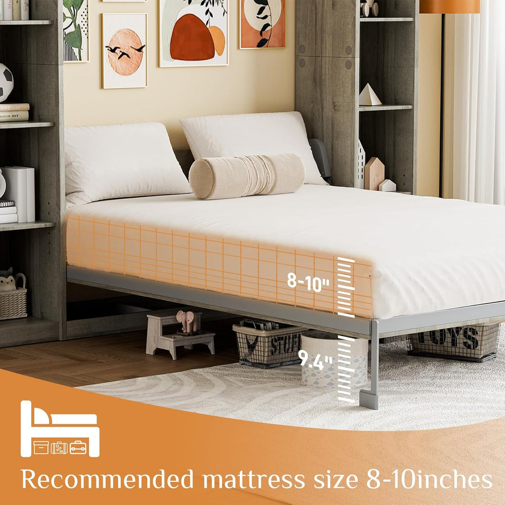 Queen Murphy Bed with 2 Storage Cabinet, Farmhouse Wood Hidden Foldable Wall Bed Frame, Space Saving Beds with