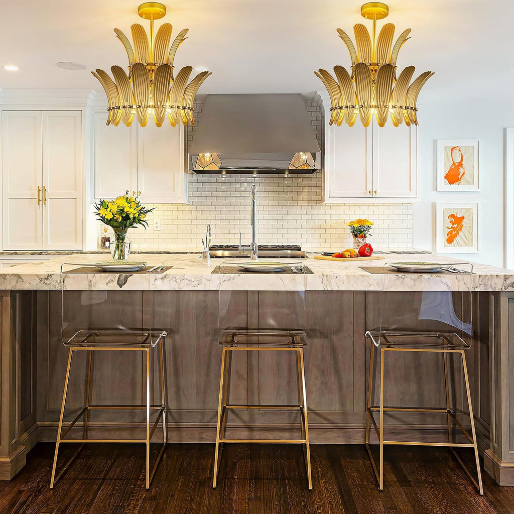 Gold Flush Mount Ceiling Light Fixture, 5 Lights Farmhouse Leaf Chandelier for Dining Room, Modern Semi Flush Ceiling