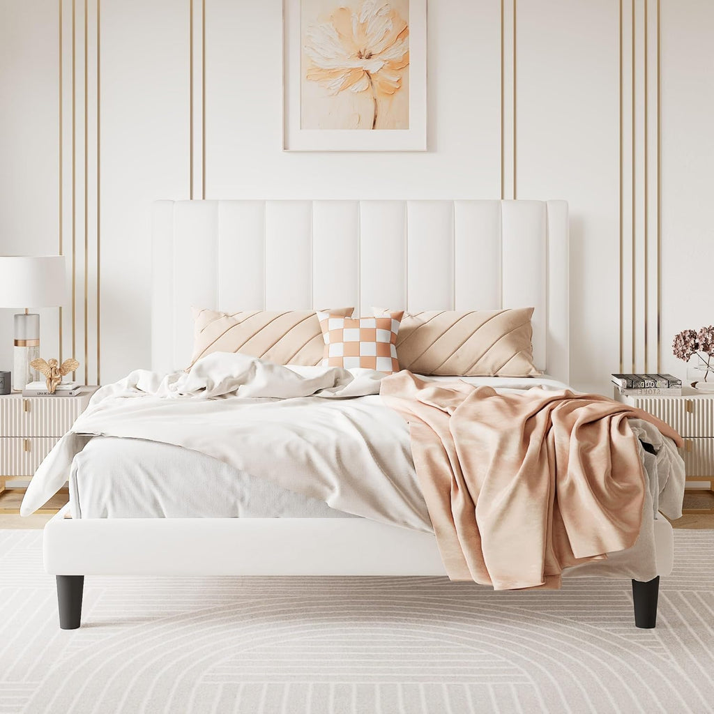 Queen Bed Frame/Velvet Upholstered Platform Bed Frame with Headboard/Strong Wood Slats Support/Mattress Foundation/No