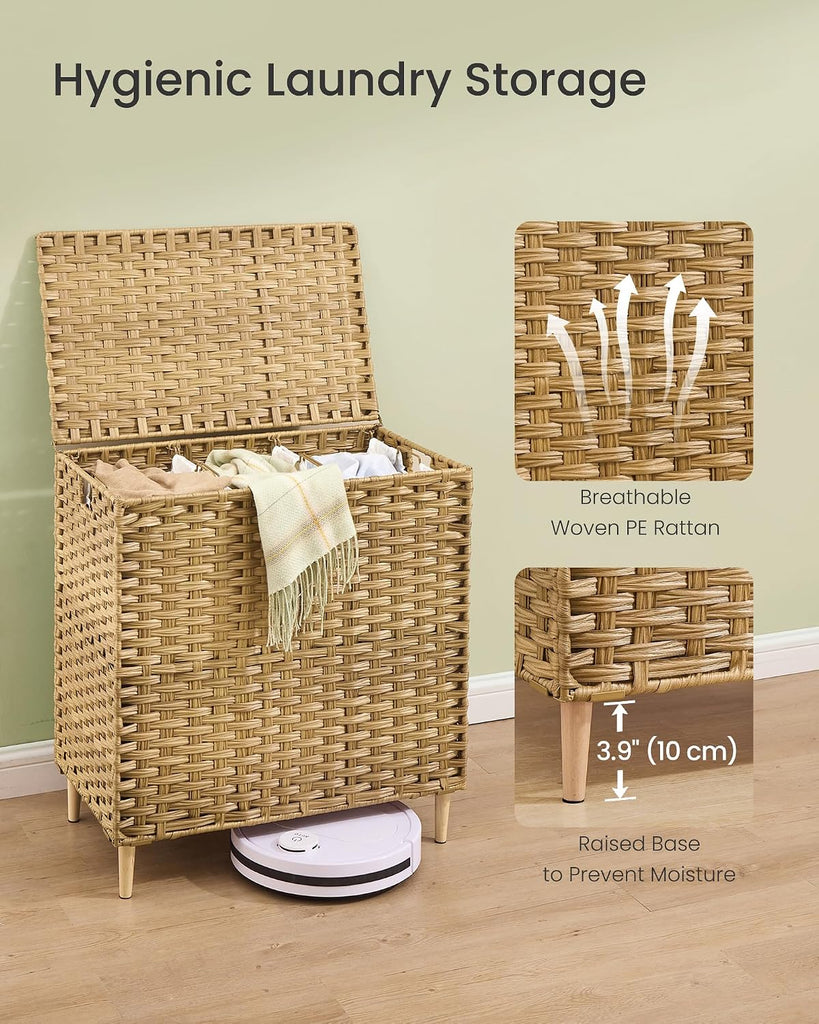 3-Section Laundry Hamper with Lid, 42.2 Gal (160L) PE Rattan Laundry Basket with Removable Washable Liners, Goose