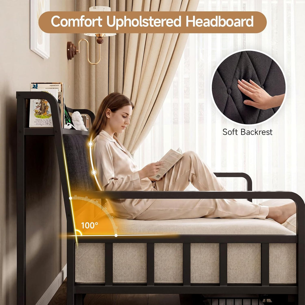 Twin to King Daybed, Convertible Sofa Bed with Trundle, Black | with Power Outlet, Padded Headboard, Storage Drawers