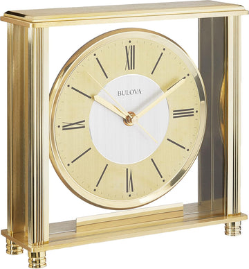 Bulova B1700 Grand Prix Table Clock - Brass MetalFinish - Glass Enclosure with Two-Tone Metal Dial - Quiet Sweep - Elegant Desktop...