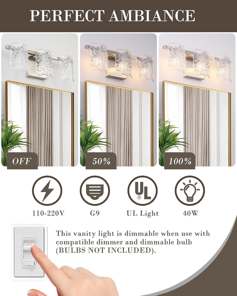 3-Light Bathroom Vanity Light, Brushed Nickel Bathroom Light Fixture Over Mirror with Clear Glass, Modern Bath Wall