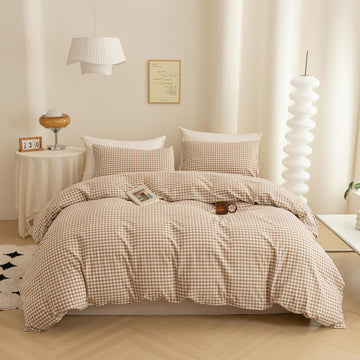 Cotton 3 Pcs Duvet Cover Set Linen Feel Beige Gingham Queen