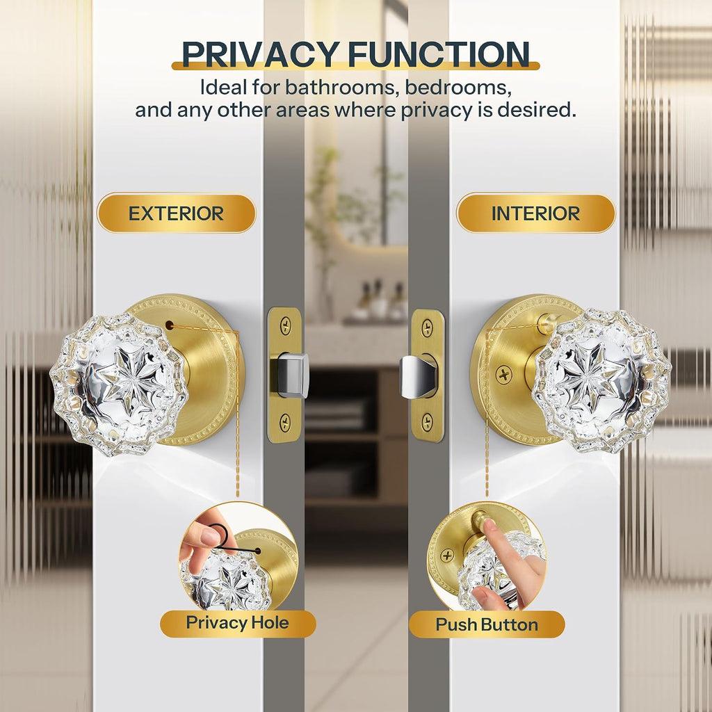 Brushed Gold Privacy Crystal Door Knob, Gold Vintage Crystal Door Knob with Privacy Lock, Glass Doorknob Interior