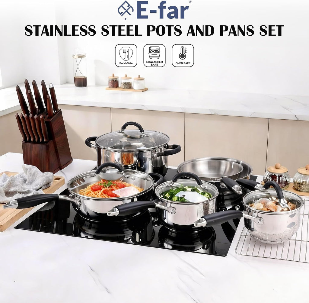 10-Piece Stainless Steel Cookware Set - Induction Pots and Pans Set | Tri-Ply Base with Stay-Cool Handles, Dishwasher