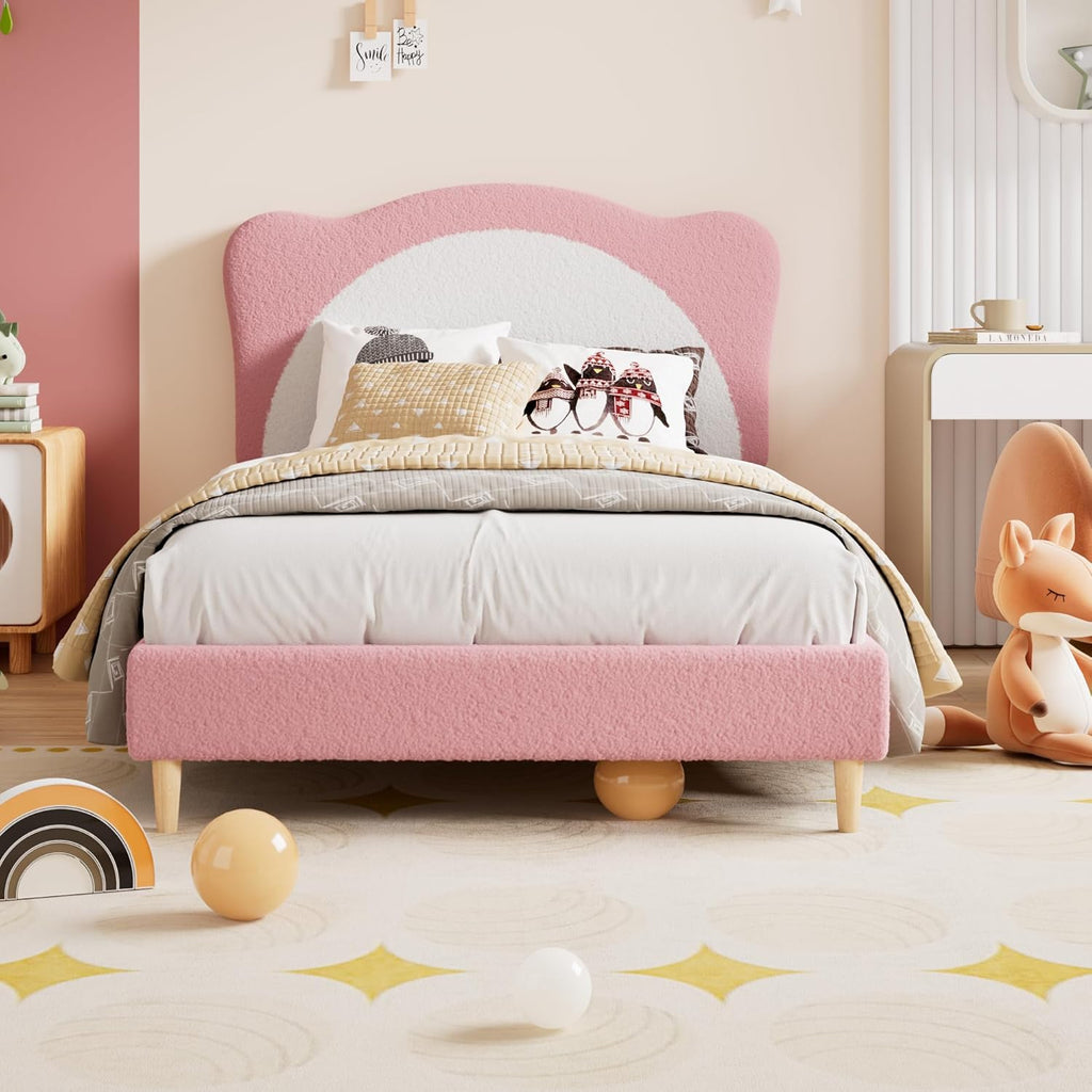Twin Size Bed Frame for Kids - Cute Velvet Princess Platform Bed with Upholstered Headboard for Girls/Boys, Solid