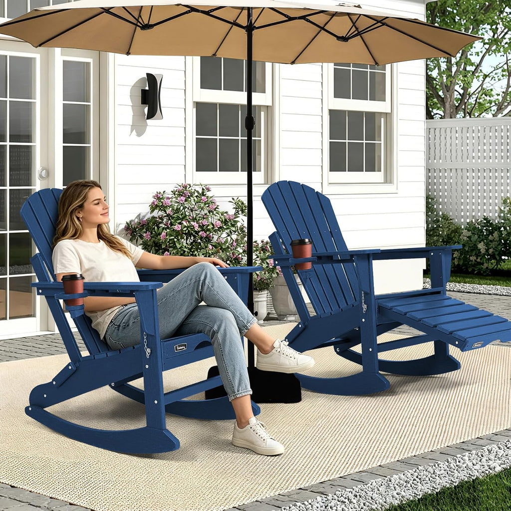 Adirondack Rocking Chair, Porch Rocker with Ottoman & Cup Holder | Multifunctional 4-in-1, Wood-Grain, HDPE All