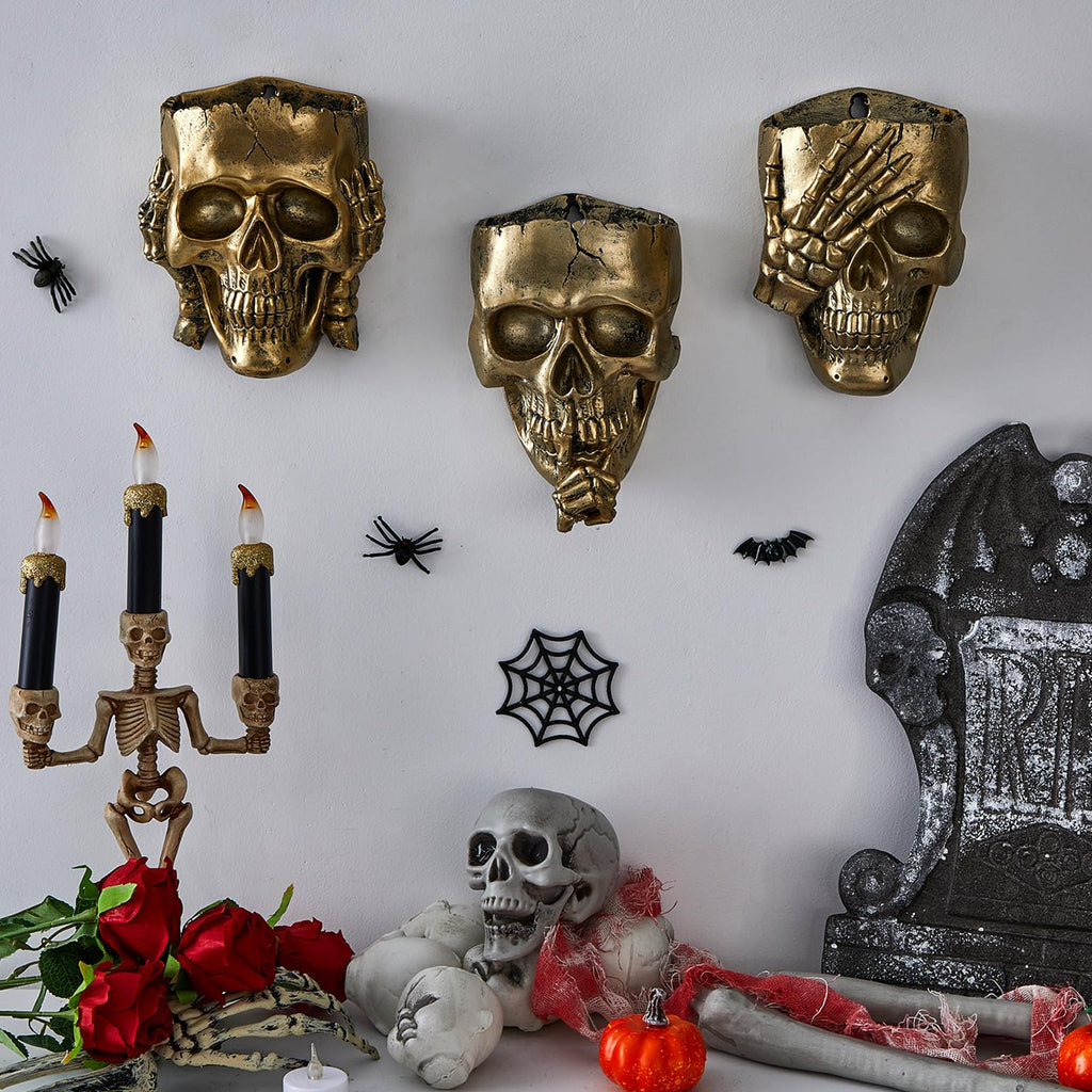 3 Pcs Skull Wall Planters, Gothic Hanging Skeleton Pot Set, Gold